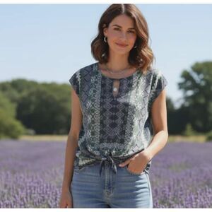 Lucky Brand Women's Boho Split Neck Top Blouse Front Tie V-Neck Blue  M